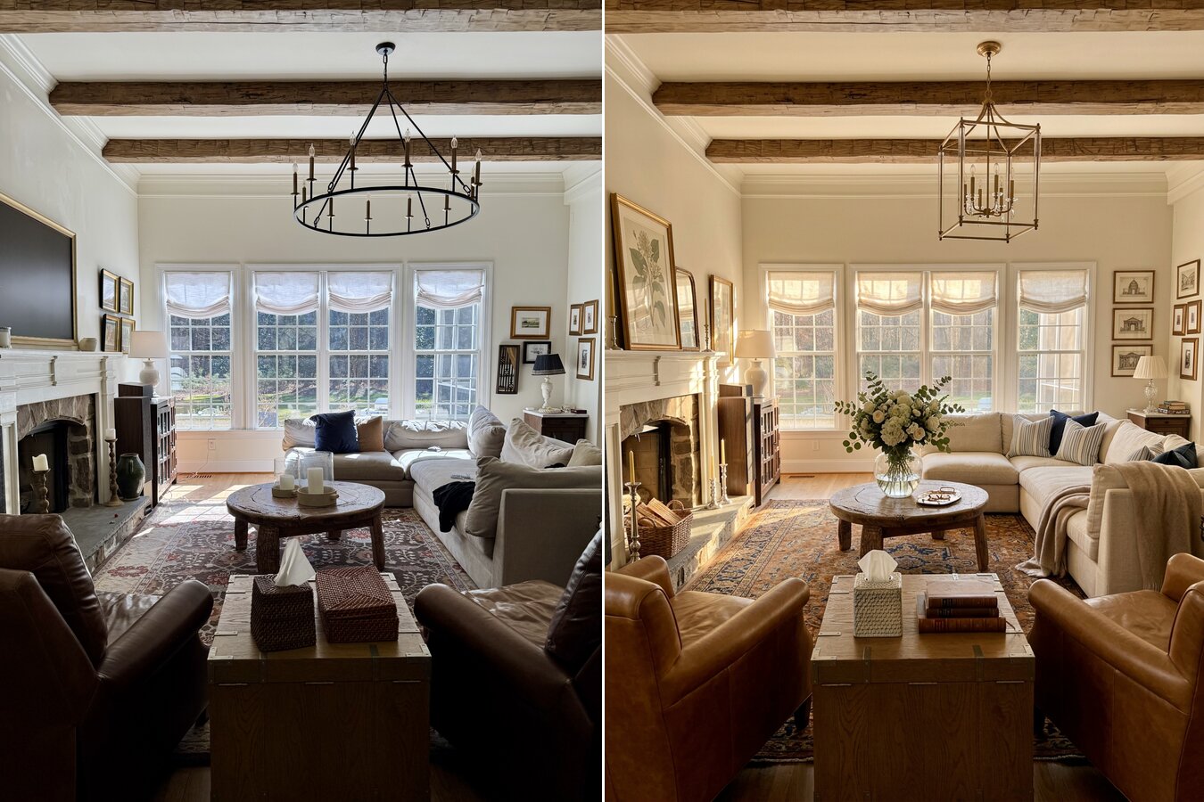 Living room before and after Nancy Meyers redesign